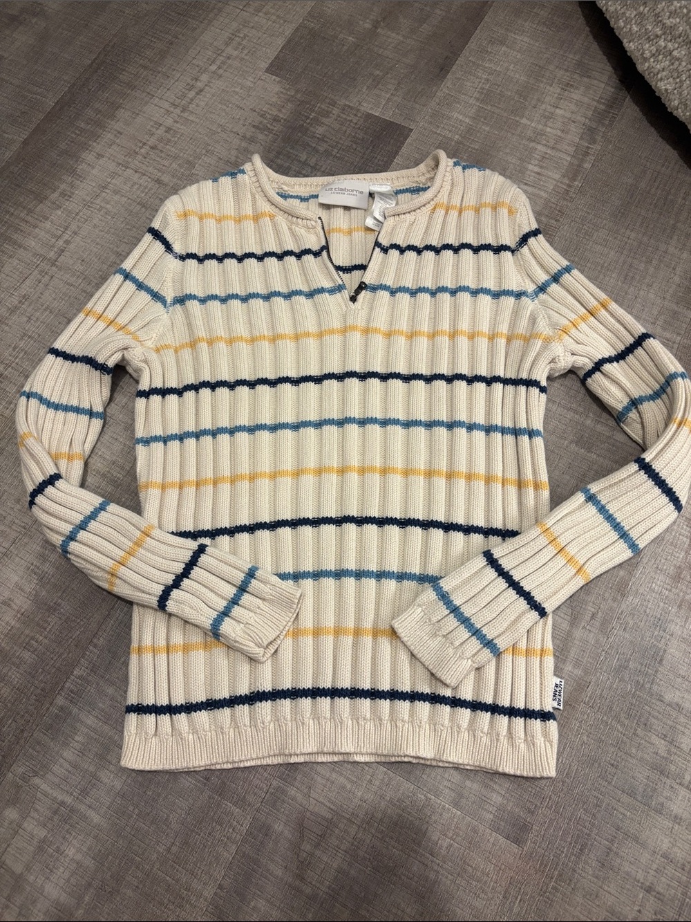 Striped Rib-Knit Crewneck Sweater - Cream with Navy & Blue Stripes